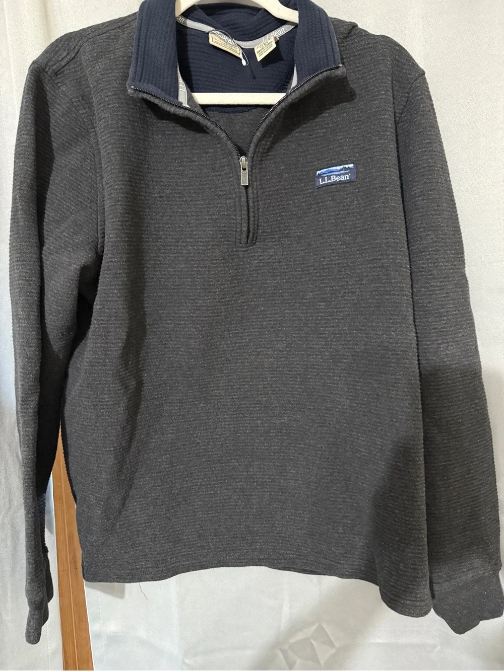 L.L. Bean Men's Dark Gray Quarter-Zip Sweater with Navy Trim